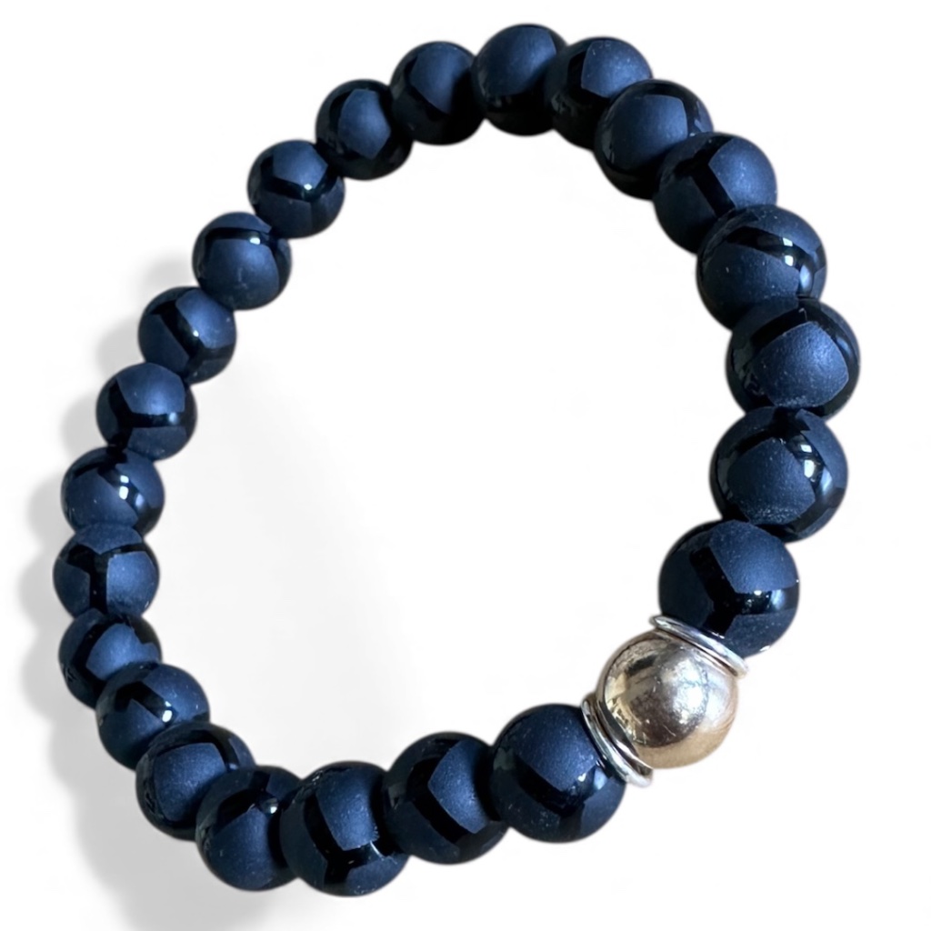 Matte W/ Polished Geo Design Onyx Stretch Bracelet W/ Gold & Silver Spacers